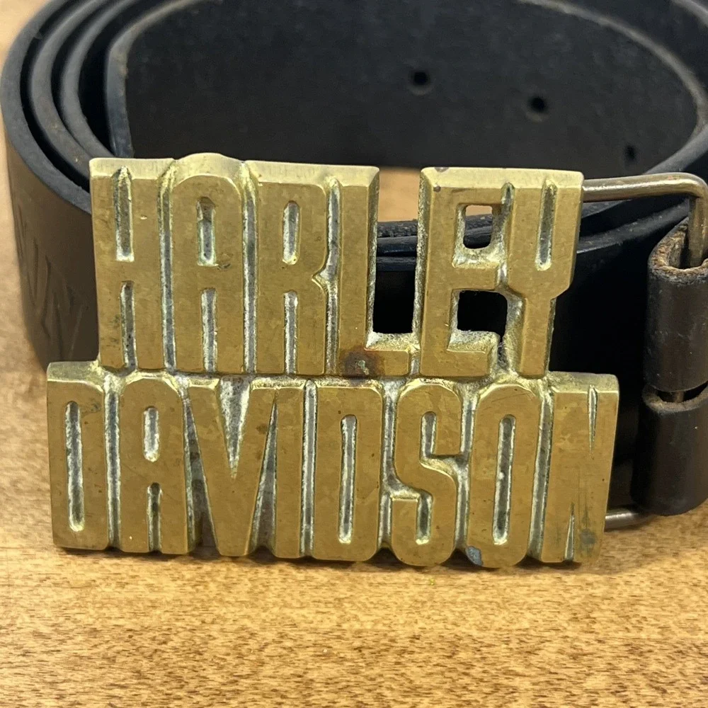 Vintage‎ Harley Davidson Black Belt & Brass Belt Buckle Size 42 Genuine Leather